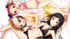 Woman cats Anime navel beds young red eyes legs blush long hair 