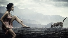 Woman cats tree trunk