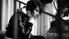 Woman Cigarettes sad monochrome jackets brunettes bob cut 