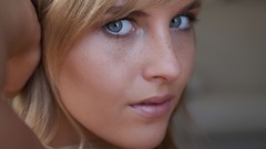 Woman close-up faces blondes long hair blue eyes freckles teen 