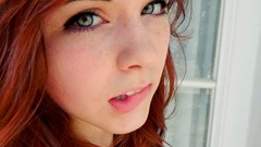 Woman close-up faces green eyes brunettes redheads biting lips