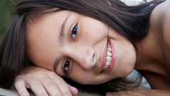 Woman close-up outdoors smiling brown eyes brunettes models 