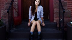 Woman coat long hair doors blue eyes brunettes emily rudd Blue 