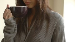 Woman coffee brunettes models nipples through clothing coffee 