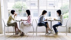 Woman coffee food court Japanese faces asians brunettes models 