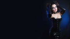 Woman collar latex brunettes dark background cleavage standing 