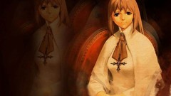 Woman cross paintings sitting RPG smiling long hair white dress 