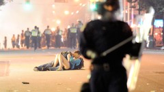 Woman crowd police running couple Boys! vancouver ground 