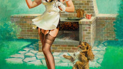 Woman Dogs pinups retro art barbecue grill Vaughan Bass
