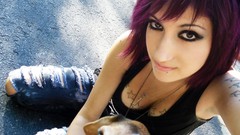 Woman Dogs tattoos brown eyes piercings purple hair Violeta