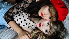 Woman dolls dress beds twins brunettes bangs redheads lip gloss