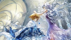 Woman dress Jewelry staff gloves looking down long hair anime 