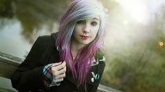 Woman emo coat blue hair pink hair piercings purple hair lip 