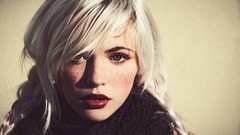 Woman eyelashes white hair faces scarfs gray eyes freckles red 