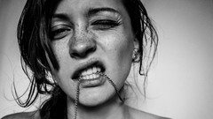 Woman faces biting freckles grayscale