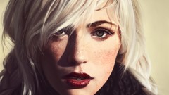 Woman faces blondes gray eyes freckles bangs red lipstick devon 