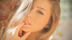 Woman faces blondes long hair brunettes models teen fingers on 