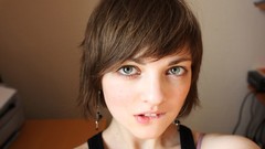 Woman faces earrings big eyes blue eyes brunettes short hair 