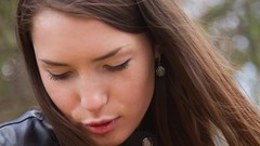Woman faces looking down brunettes models Leather Jacket 