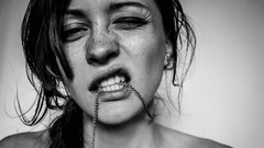 Woman faces rough biting brunettes freckles wink grayscale 