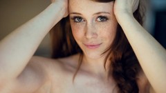 Woman faces smiling green eyes brunettes freckles portraits 