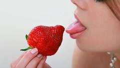 Woman faces strawberries tongue licking models Elina S