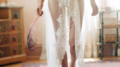 Woman feathers dress brunettes models Claire Pettibone Heirloom
