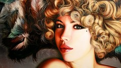 Woman feathers faces blondes green eyes curly hair artwork The 