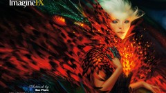 Woman feathers white hair scales blue eyes creatures artwork 