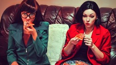 Woman food glasses Daria TV shows pizza couch brunettes cosplay 