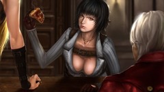 Woman food Jewelry white hair red eyes gloves pizza devil may 
