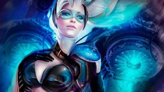 Woman game armor white hair suit cyberpunk goggles cleavage 