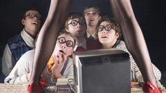 Woman glasses Computers geek Boys! stockings looking up nerd 