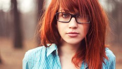 Woman glasses faces shirts bangs straight hair redheads girls 