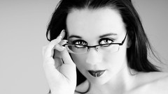 Woman glasses move brunettes piercings grayscale lip piercing 