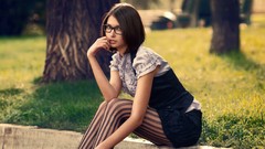 Woman glasses stockings outdoors brunettes models striped 