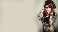 Woman glasses tattoos piercings redheads Simple Background Mary 