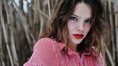Woman Glitter blue eyes brunettes models red lipstick striped 