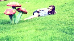 Woman grass mushrooms lawn