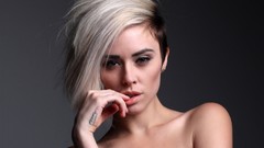 Woman gray background blondes models alysha nett fingers on lips