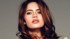 Woman gray background green eyes brunettes models Anna Supenova