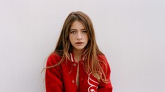 Woman gray background long hair green eyes brunettes models 