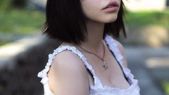 Woman green eyes brunettes short hair black hair cleavage 