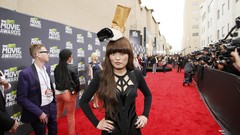 Woman hats Actress asians brunettes bangs black dress red 