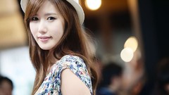 Woman hats asians long hair brunettes models Korean depth of 