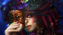 Woman hats Glitter masks blue eyes redheads fantasy art artistic