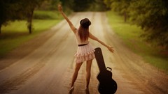 Woman hats roads back view white dress redheads arms raised 