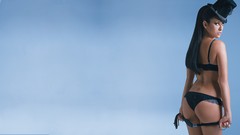 Woman hats tattoos long hair lingerie brunettes bra panties 