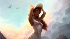 Woman hats white dress redheads artwork windy