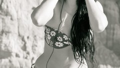 Woman headphones Beaches charm brunettes grayscale beach girls 